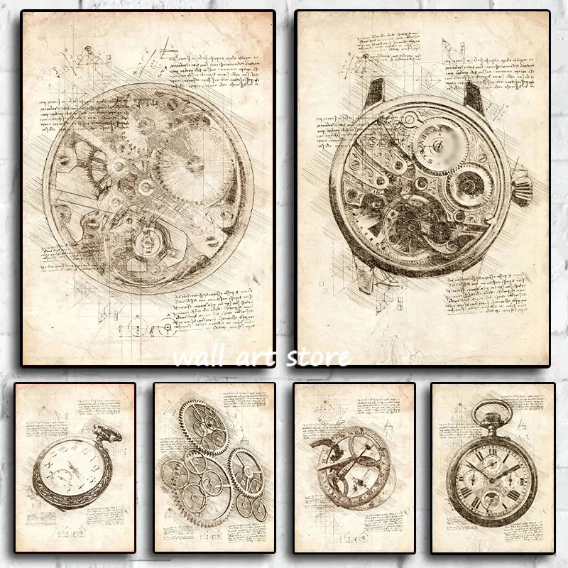 Interior Design Sketch - Vintage Watch Sketch Poster Gear Watch