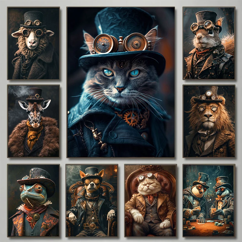 Interior Design Sketch - Cool Steampunk Animals Portrait Canvas Print