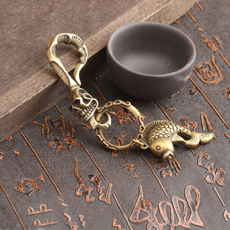 Solid Brass Keychain Skull Hea - Antique Brass Hook 评论和价格